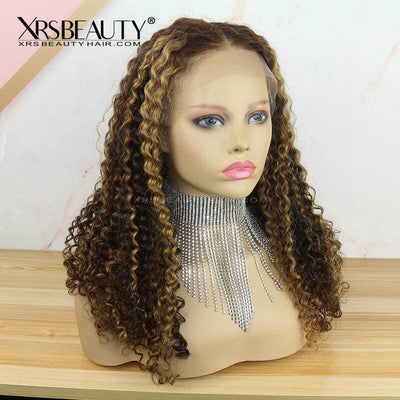 XRSbeauty Blonde Curly Wig #4 #27 Highlight Mix Color Human Hair Swiss Lace Front Wig pre plucked baby hair