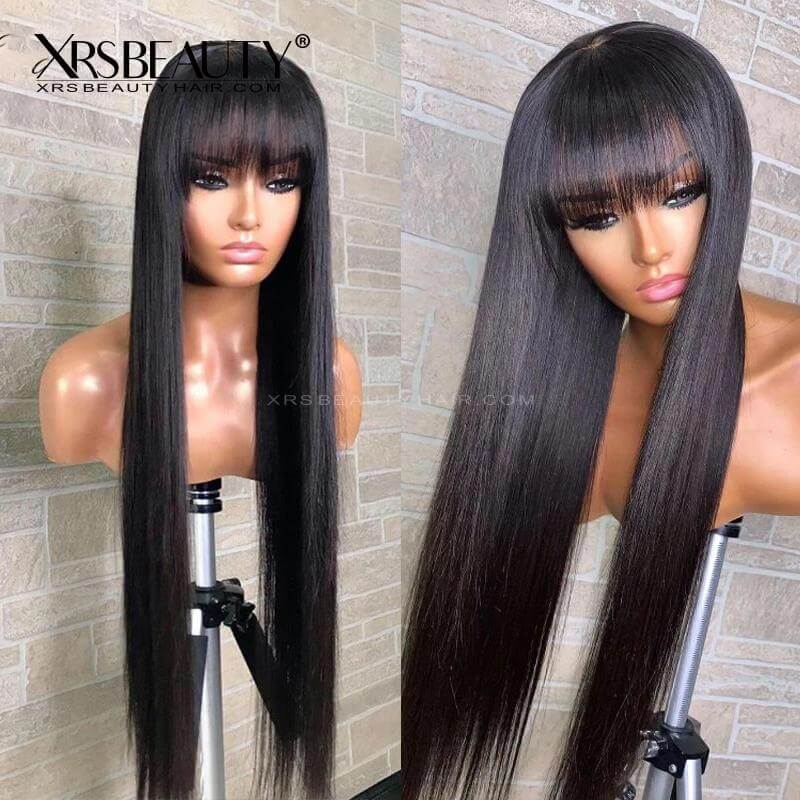 XRSbeauty Human Hair Swiss Lace Front Long Black Straight Wig with Bangs 130 density