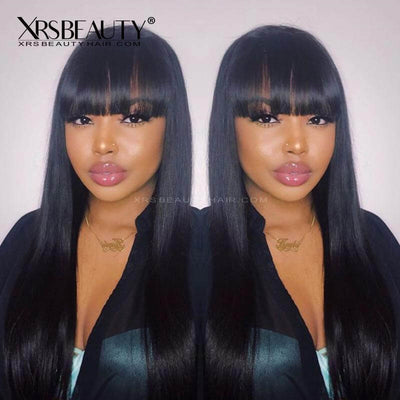 XRSbeauty Human Hair Swiss Lace Front Long Black Straight Wig with Bangs 150 density