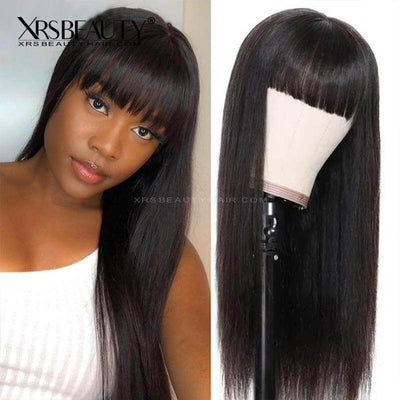 XRSbeauty Human Hair Swiss Lace Front Long Black Straight Wig with Bangs 180 density
