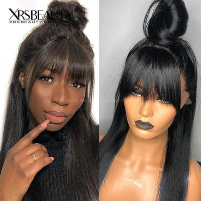 XRSbeauty Human Hair Swiss Lace Front Long Black Straight Wig with Bangs updo style