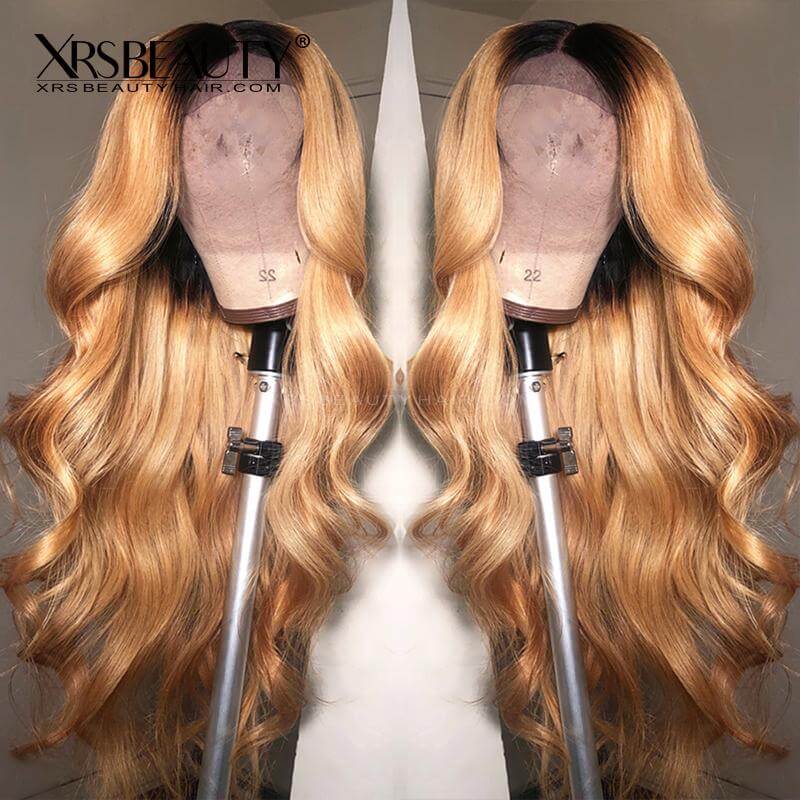 XRSbeauty Wave Human Hair Transparent Lace Front Wig Honey Blonde Ombre Hair