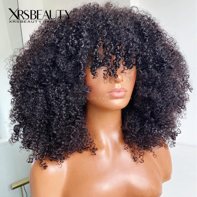 Afro kinky curly wig with bangs 100% human hair lace front wig 180 density