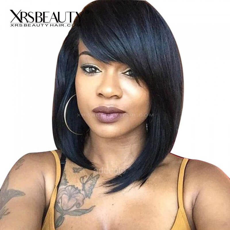 Bob Wig with Side Bangs Human Hair 13x4 Swiss Lace Front Wig