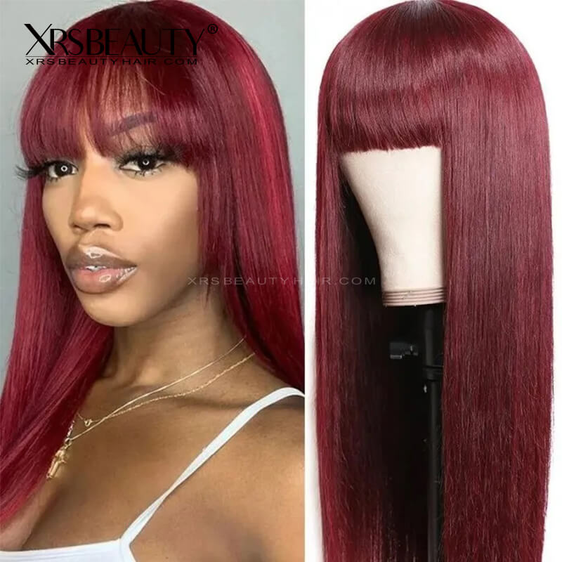 Burgundy Wig with Bangs Long Straight Human Hair 13x4 Lace Front Wig 