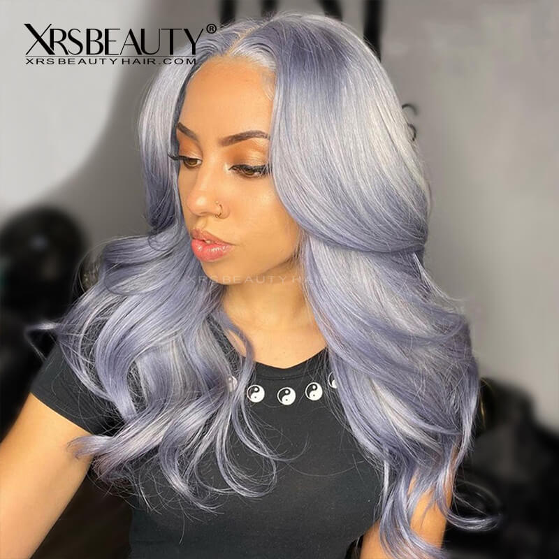 XRSbeauty Grey Human Hair Lace Front Wig Transparent Lace Wavy Hair