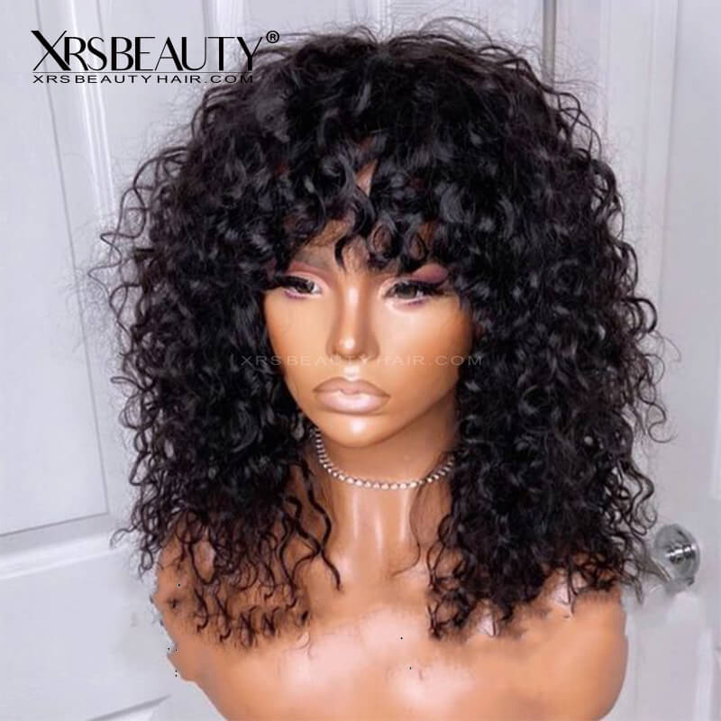 human hair lace front curly bob wig with bangs 200 density