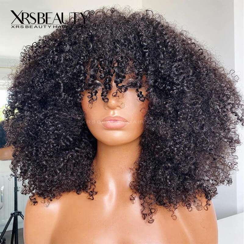 kinky curly human hair 13x4 lace front wig with bangs 150 density