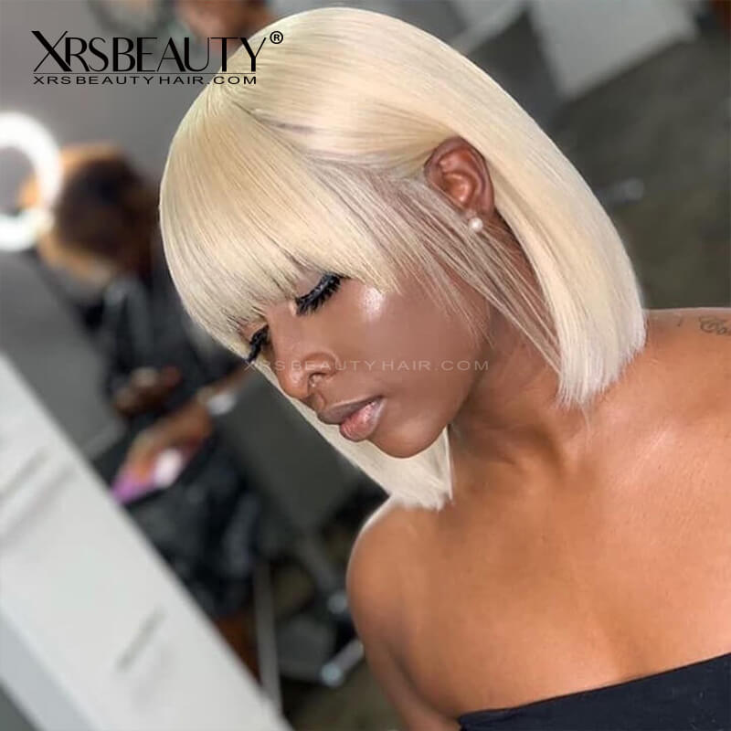 Lace Front 613 Blonde Bob Wig With Bangs Straight Remy Human Hair