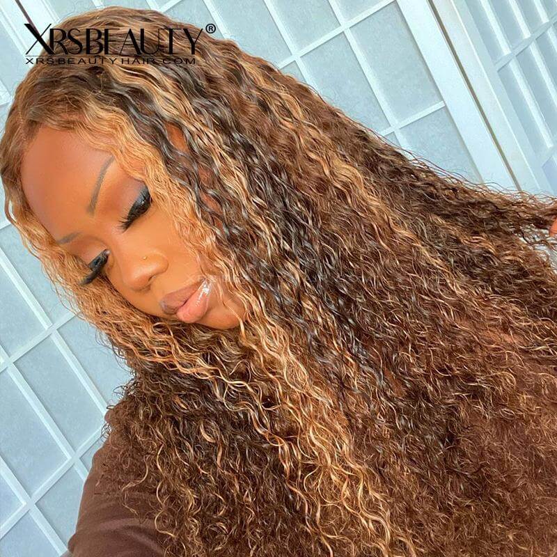 Long Curly Brown with sold blond highlights human hair blend wig