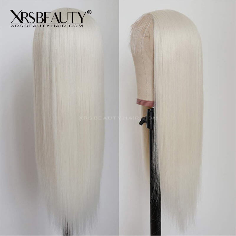 XRSbeauty long straight 60 color platinum blonde human hair lace front wig 150 density