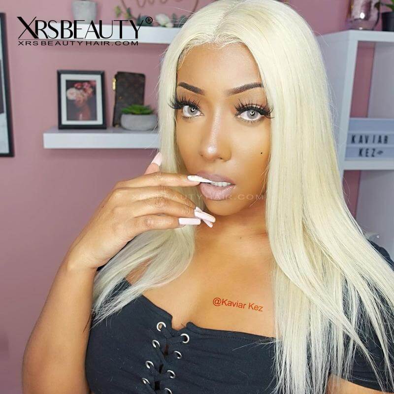 long straight 613 blonde human hair 13x4 transparent lace front wig reviewd by Kaviar Kez 20 inches 200 density XRSbeauty Hair