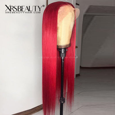 Long straight human hair red lace front wig