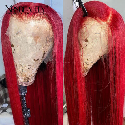 Red straight lace front wig human hair celan hairline