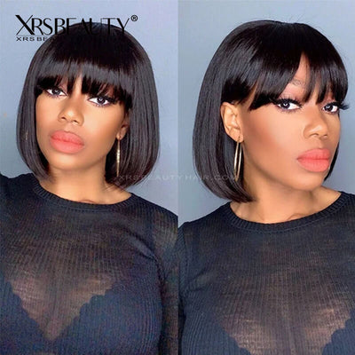 XRSbeauty short straight bob wig with bangs human hair lace front wig