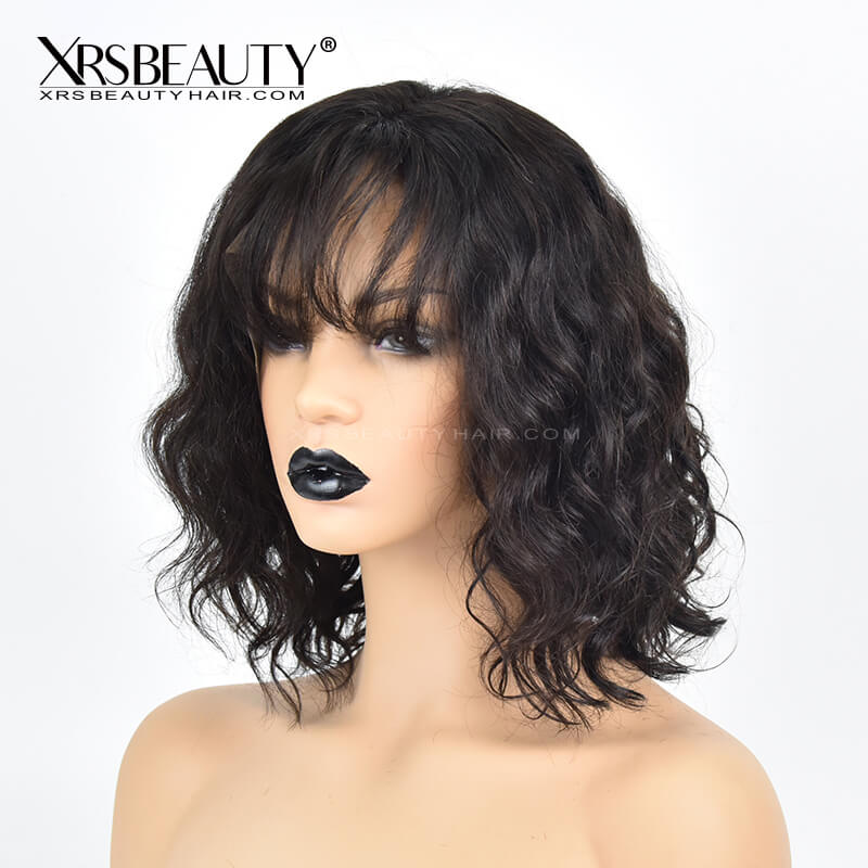 Short Wavy Bob Wig with Bangs Human Hair Lace Front Wig