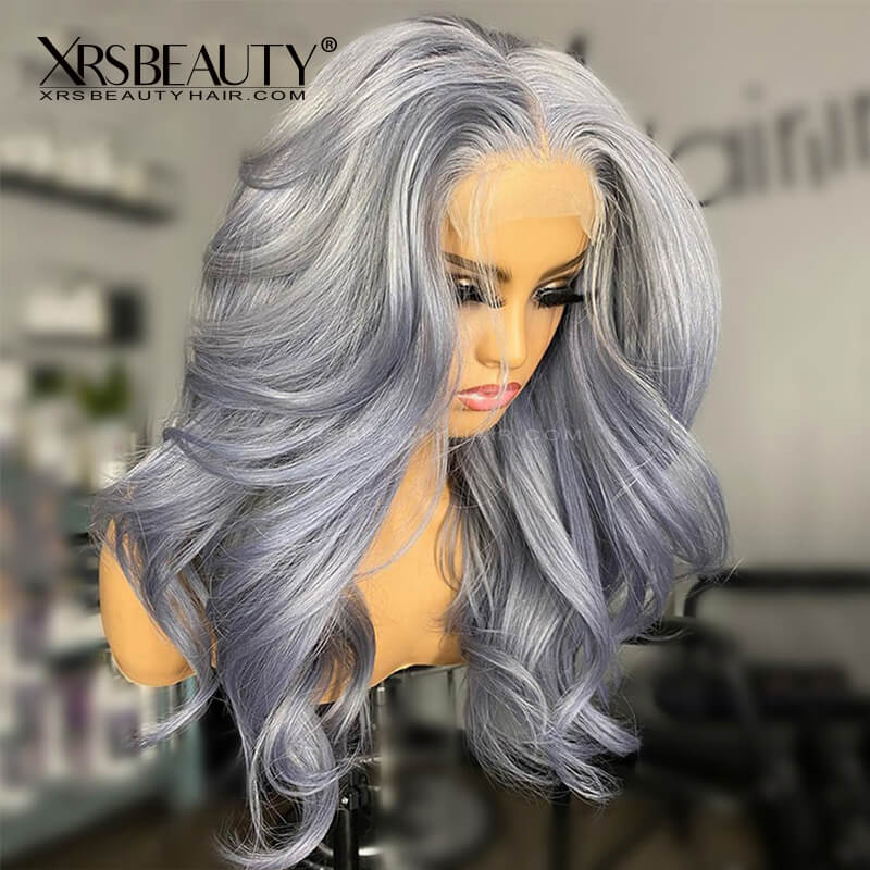 XRSbeauty Grey Human Hair Lace Front Wig Transparent Lace Wavy Hair  150 Density