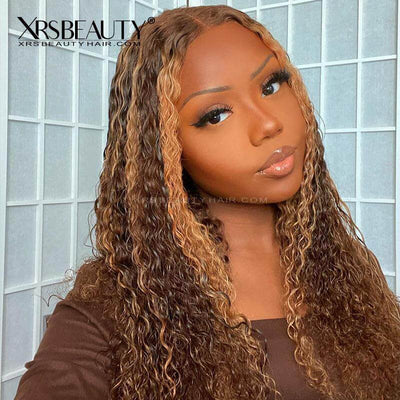 blonde curly lace front wig #4 #27 mix highlight color long human hair
