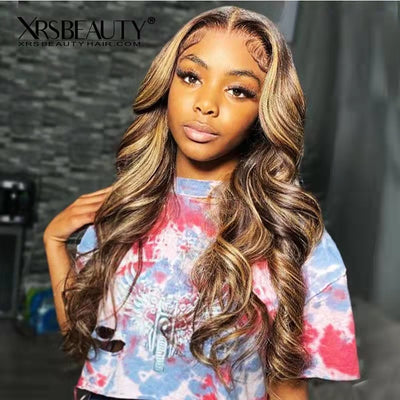 #4/27 Highlight Ombre Brown Body Wave Lace Front Wigs Pre Plucked Bleached Knots [CFW43]